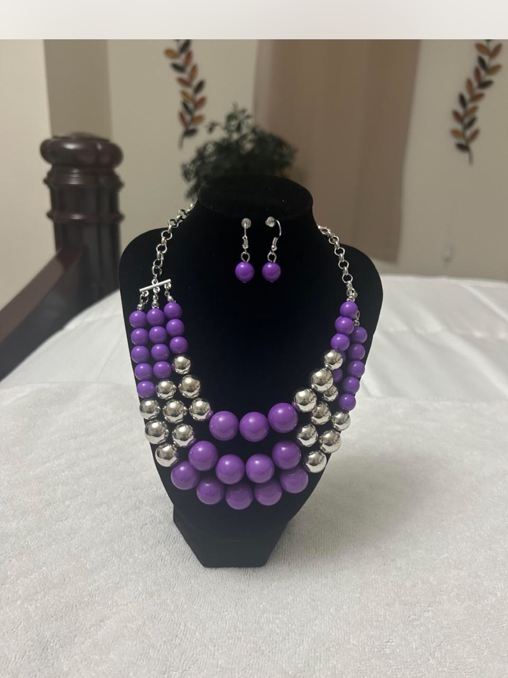 Purple Beaded Statement Necklace & Earring Set